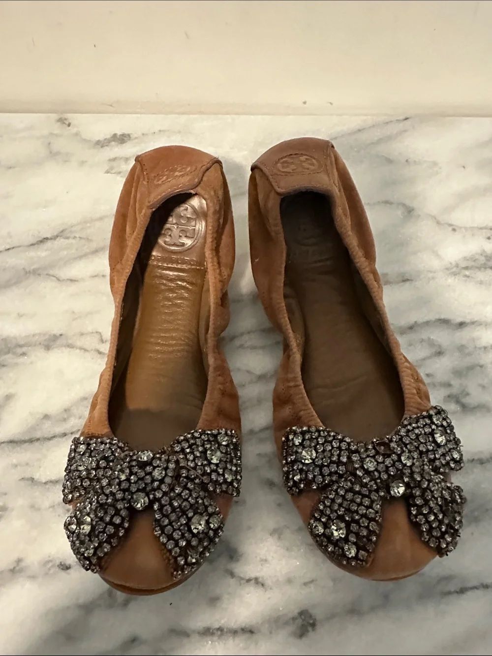 Tory Burch Brown Suede Crystal Bow Ballet Flats womens sz 5M
